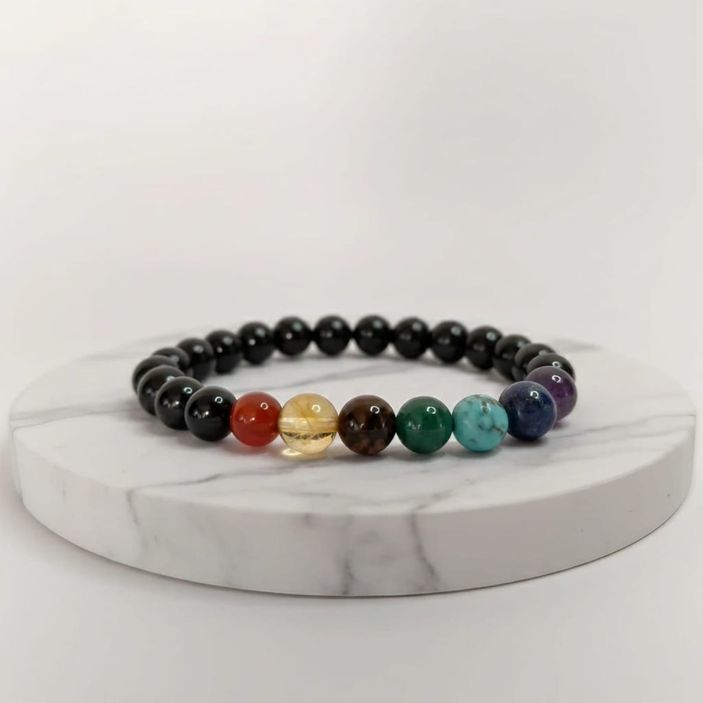 Black Tourmaline with Seven Chakra Bracelet | Certified Chakra Healing Crystal Jewelry