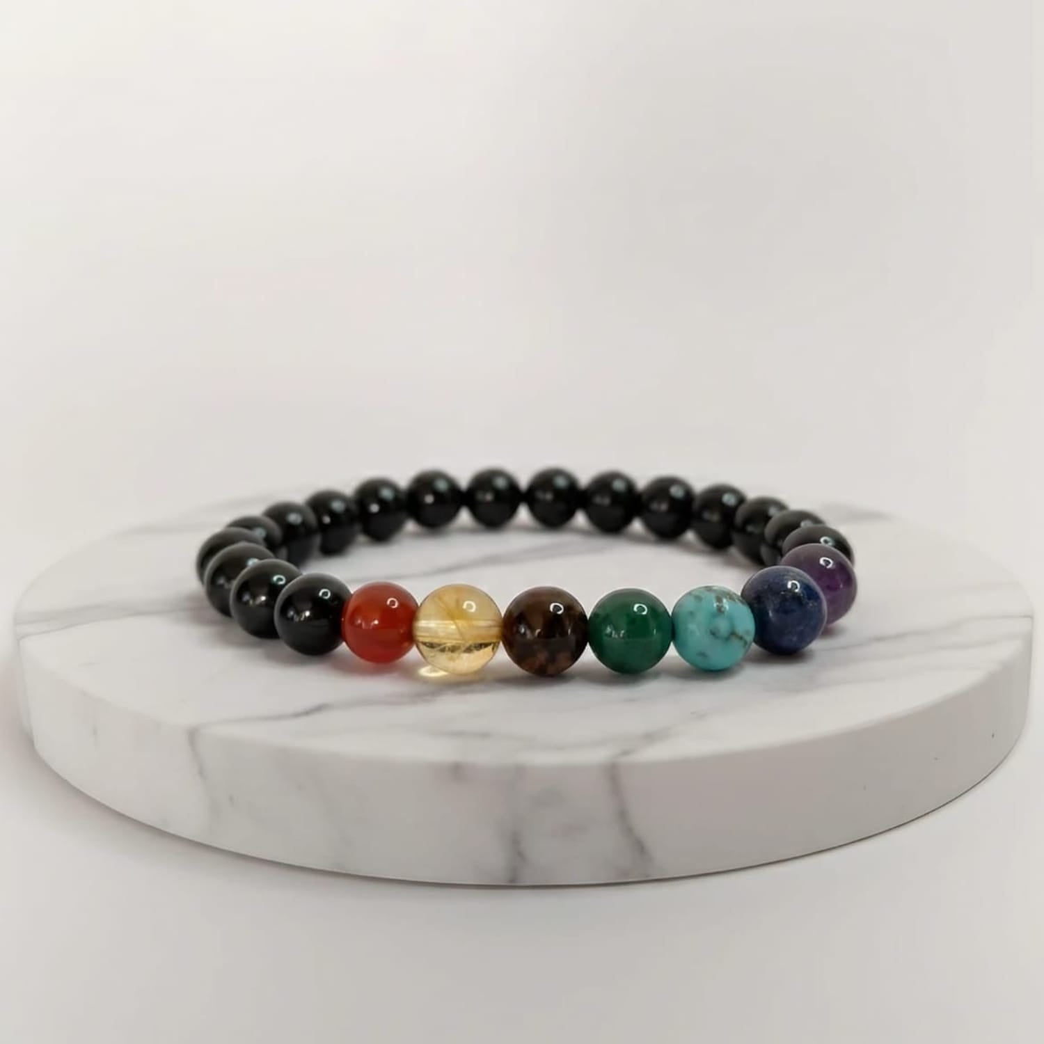 Black Tourmaline with Seven Chakra Bracelet | Certified Chakra Healing Crystal Jewelry