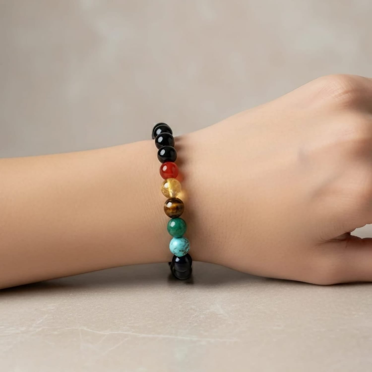 Black Tourmaline with Seven Chakra Bracelet | Certified Chakra Healing Crystal Jewelry