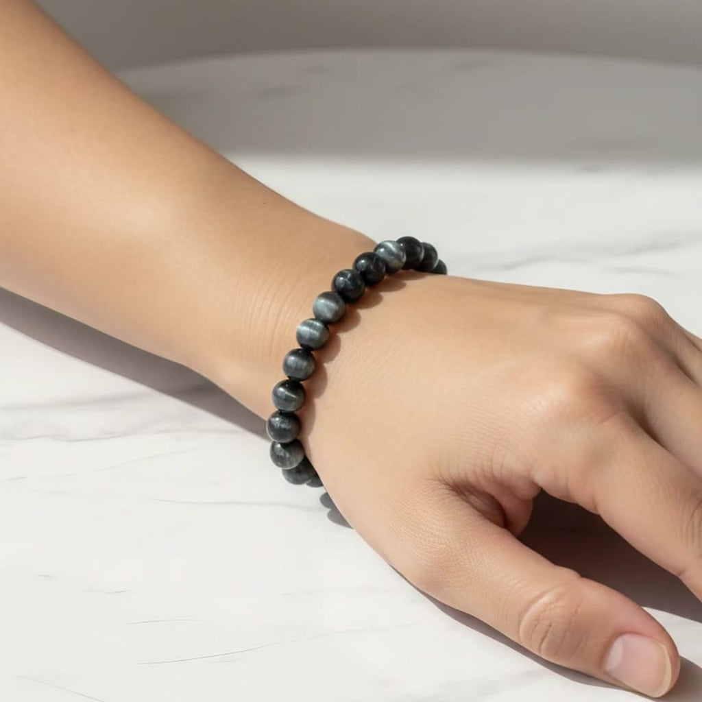 Grey Cat’s Eye Natural Stone Bracelet | Certified Grey Intuition & Protection Crystal Jewelry