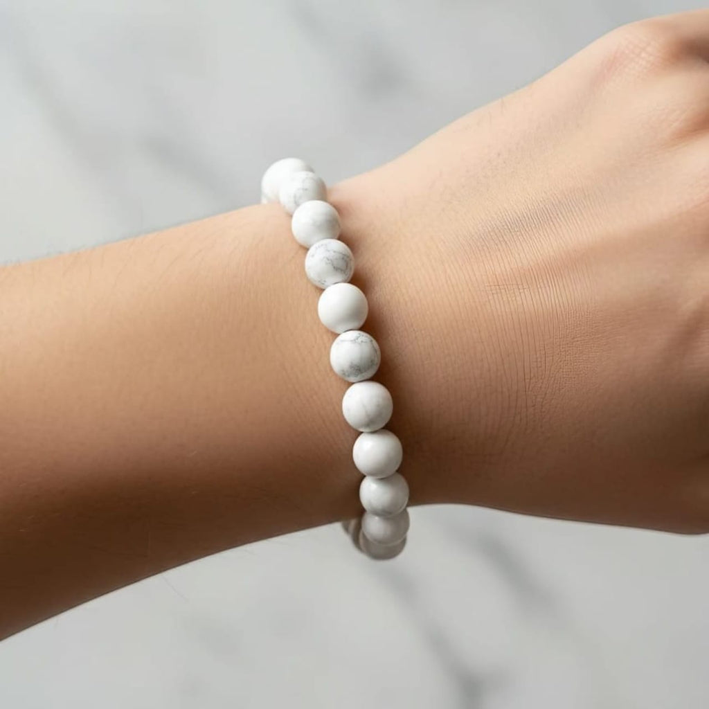 Bracelet en pierre naturelle d'howlite | Bijou en cristal blanc certifié, apaisant et anti-stress