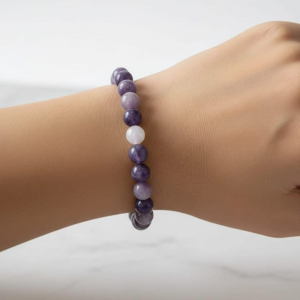Bracelet en pierre naturelle de lépidolite | Bijou en cristal certifié pour l'équilibre émotionnel et la sérénité