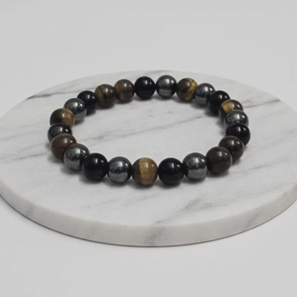 Triple Protection Natural Stone Bracelet Tiger Eye + Hematite + Obsidian