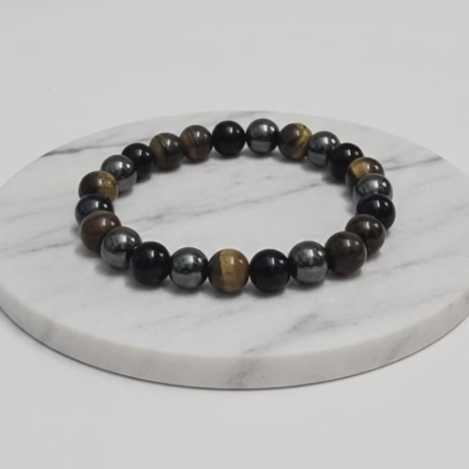 Triple Protection Natural Stone Bracelet Tiger Eye + Hematite + Obsidian