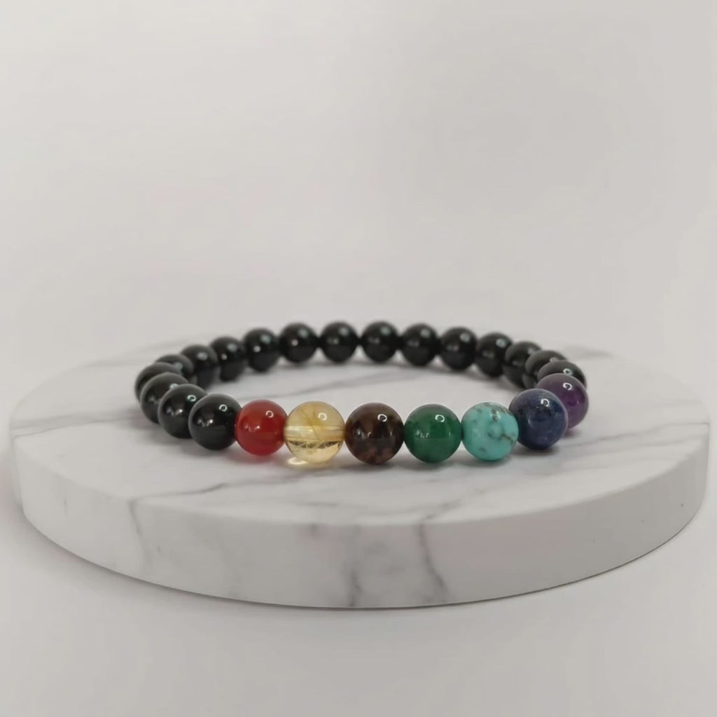 Black Tourmaline with Seven Chakra Bracelet | Certified Chakra Healing Crystal Jewelry