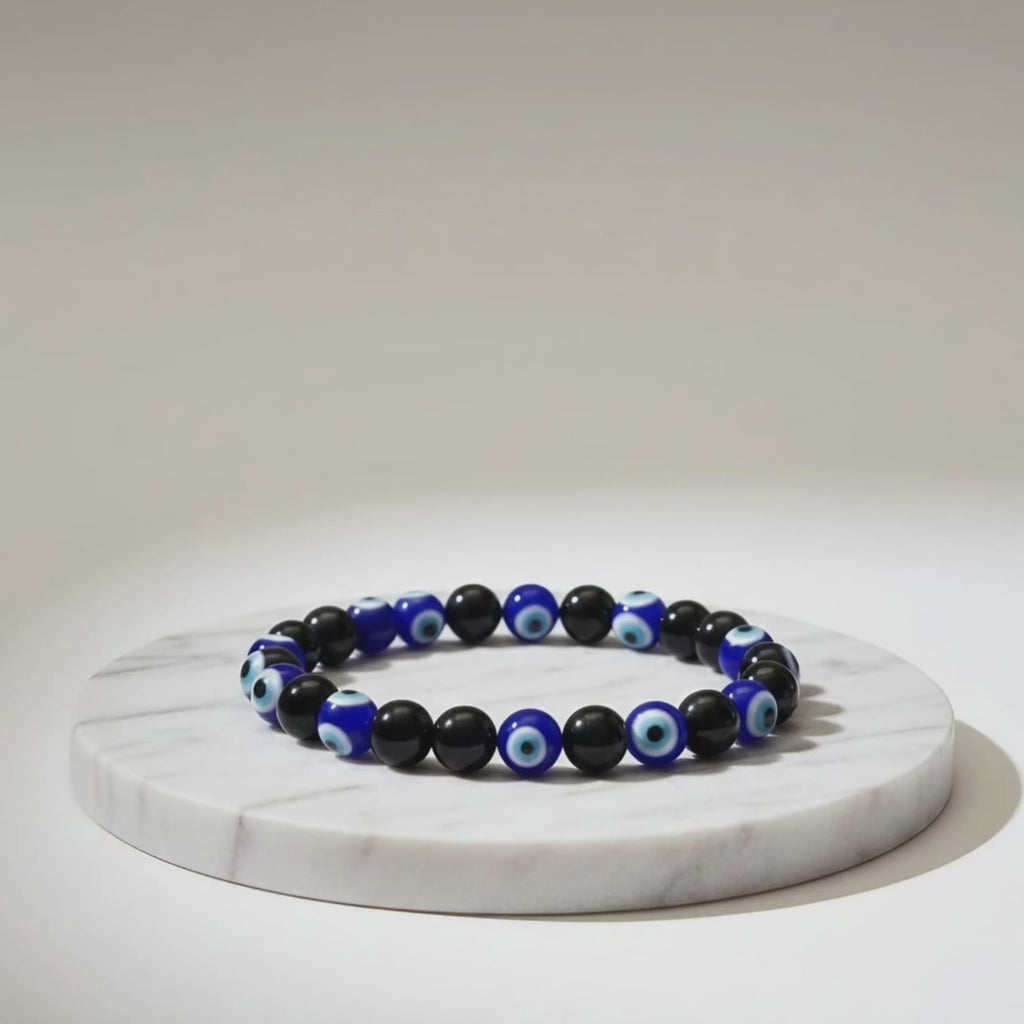 Black Tourmaline with Evil Eye Bracelet | Certified Protective Crystal Jewelry