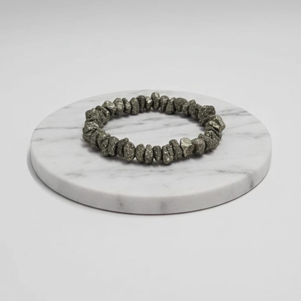 Bracelet en pierre naturelle de pyrite brute, certifié, doré, métallisé, cristal de guérison. Bijou en cristal de guérison.
