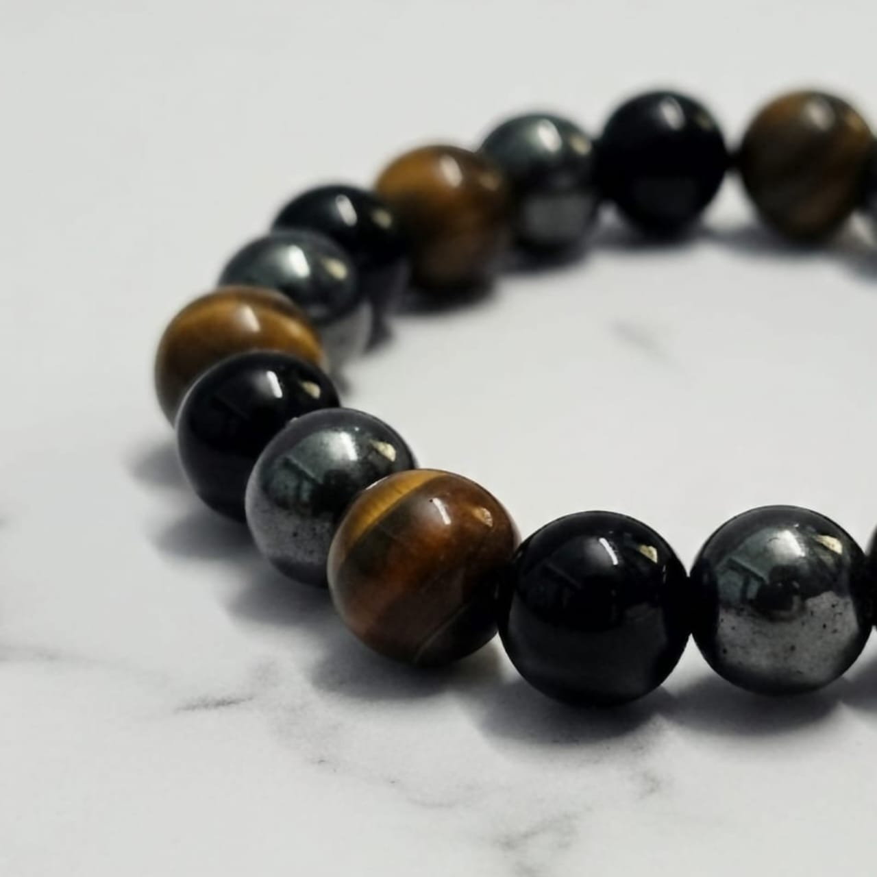 Triple Protection Natural Stone Bracelet Tiger Eye + Hematite + Obsidian