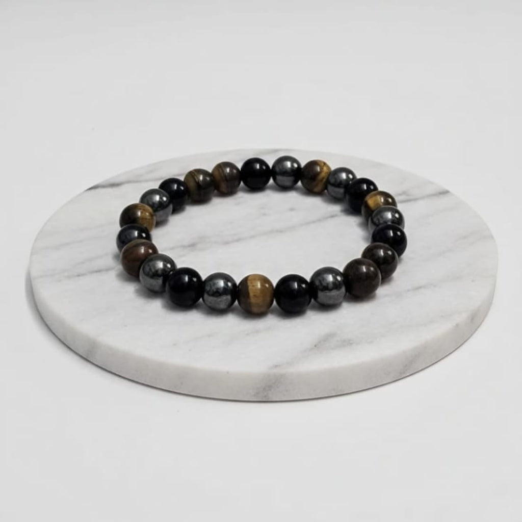 Triple Protection Natural Stone Bracelet Tiger Eye + Hematite + Obsidian